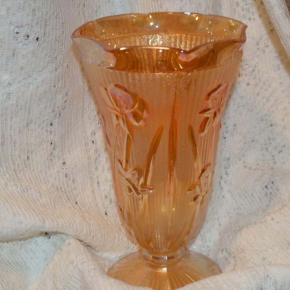 Jeanette Marigold Color Vase Carnival Glass Iris & Herringbone Pattern